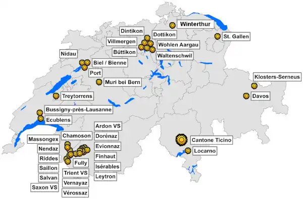 Carte de la Suisse avec les communes avec cadastres solaires de Renewables-Now SA
